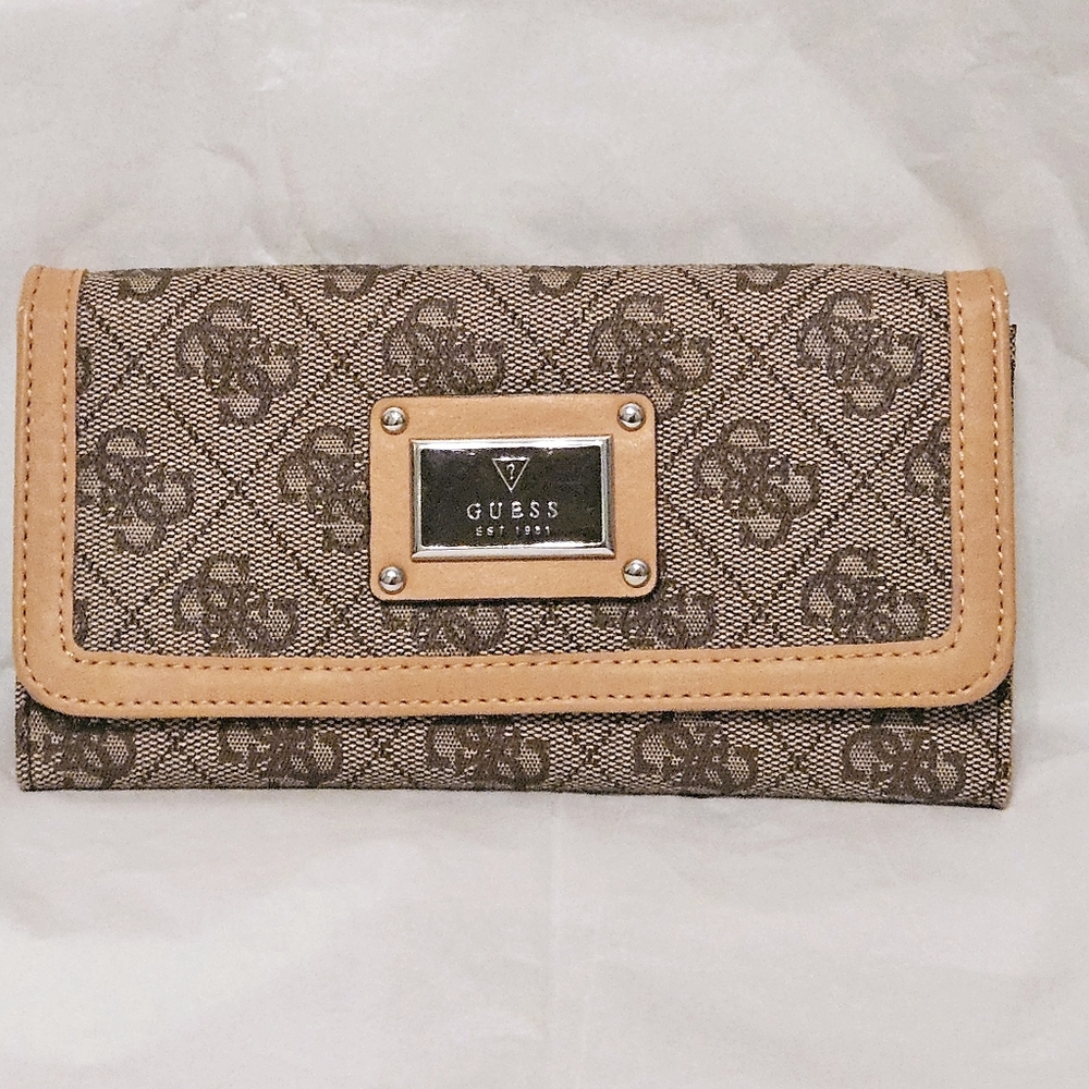 Guess Logo Wallet / Clutch - Brown & Tan with Silver Hardware NWOT